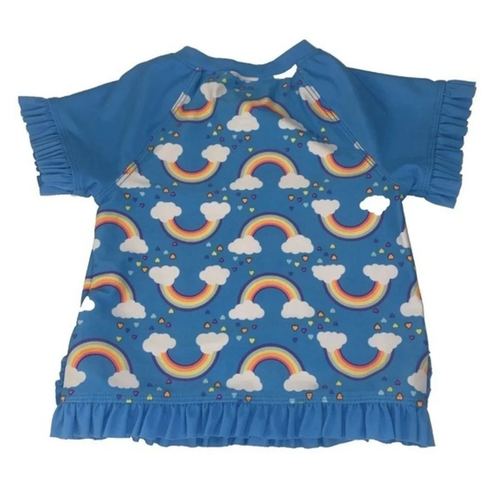 O'Rageous Rash‎ Guard Swim Top Girls Size 5 Blue Rainbow Ruffle Kids